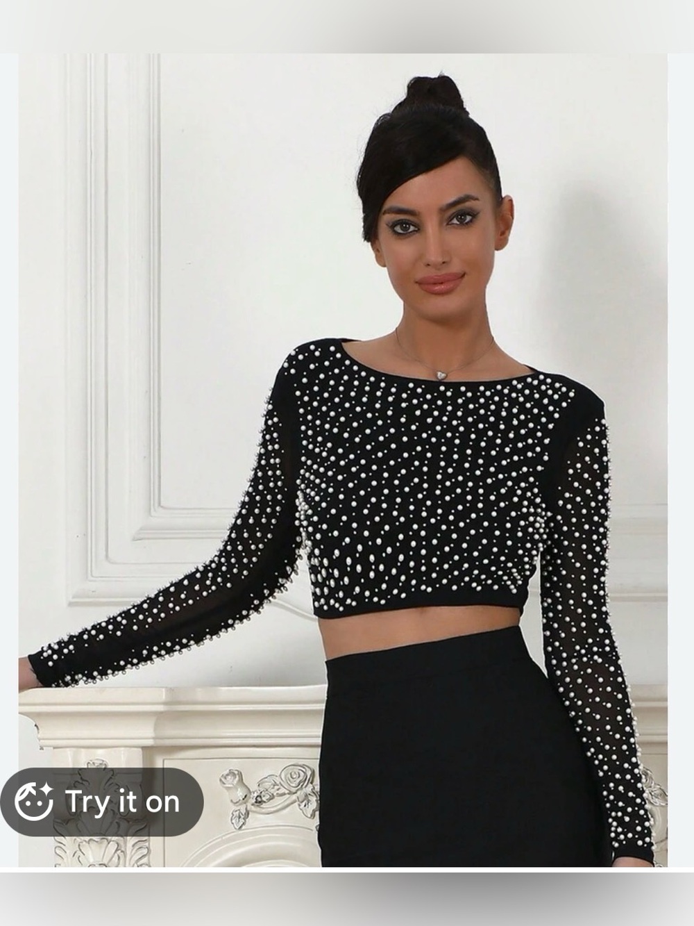 iris Black Pearl-Studded Long Sleeve Crop Top